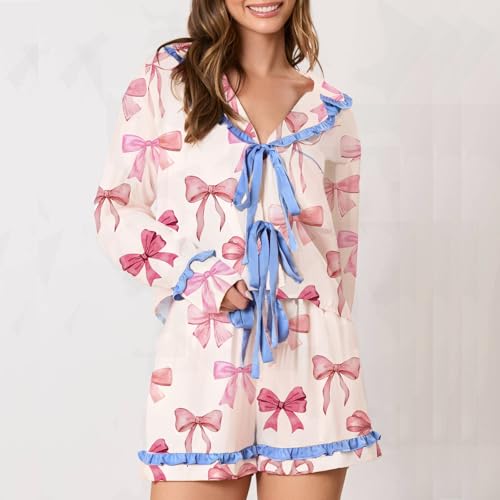 Image of Tenopuli Women Silk Satin Pajama Set Heart Print Bow Tie Long Sleeve Top Shorts Sleepwear Cute 2 Piece Loungewear