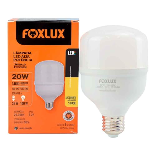 Lâmpada LED Alta Potência Foxlux 20W 3000K Branca Quente 1600lm E27 Bivolt para Cozinhas, Garagens, Comércios e Áreas de Serviço