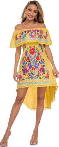 Image of YZXDORWJ Women's Mexican Asymmetrical Dress Embroidered Floral Off-Shoulder Cocktail Latina Fiesta Dress