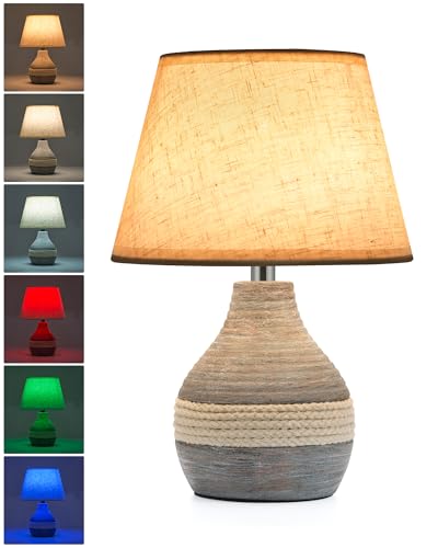 UMEXUS 10” Small Ceramic Cordless Table Lamp with Timer, Dimmer, Linen Shade, Remote Control, Rechargeable Battery Light for Patio Nightstand Kitchen Counter Living Room Side Table, Bulb Included