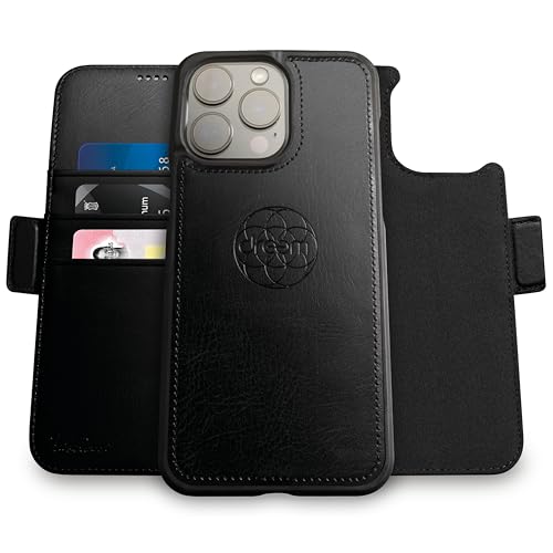 Image of dreem Fibonacci Compatible with iPhone 14 Pro Max Wallet case / 2-in-1 Shockproof case and Detachable Vegan Leather Folio, MagSafe Compatible, RFID Protection [Black]