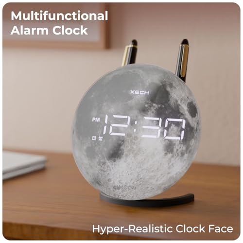 Image of Xech Digital Alarm Clock for Heavy Sleepers | Loud Dual Alarms | LED Desk Clock for Students Bedside Table | Home Decoration Items for Living Room | USB-C Powered | Solaris X Lite (Moon)