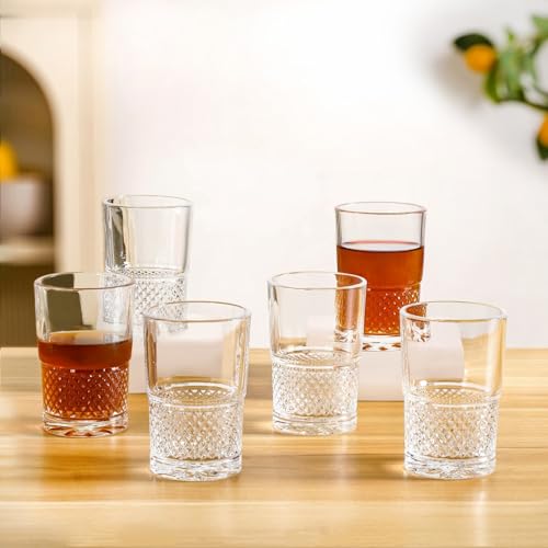 Image of Nestasia Transparent Small Glass Tumblers Set of 6 (190 ml Each) - 100% Food Safe & Chip Resistant Diamond Textured Glasses - Ideal for Water, Tea, Coffee & Refreshments - Perfect for Gifting