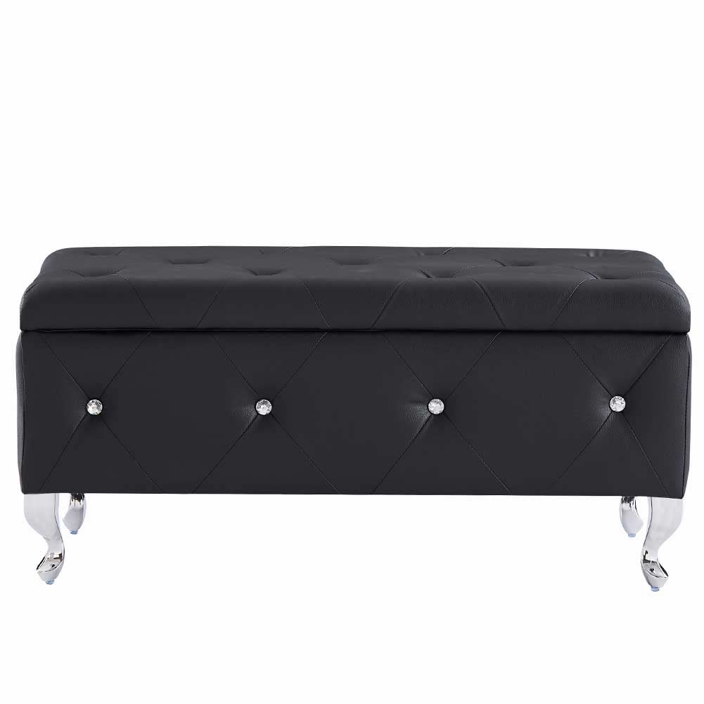 Cassapanca Pouf Contenitore In Ecopelle Trapuntata - Con Cristalli, Gambe Metallo, 96x46x43 Cm, Vano Nascosto