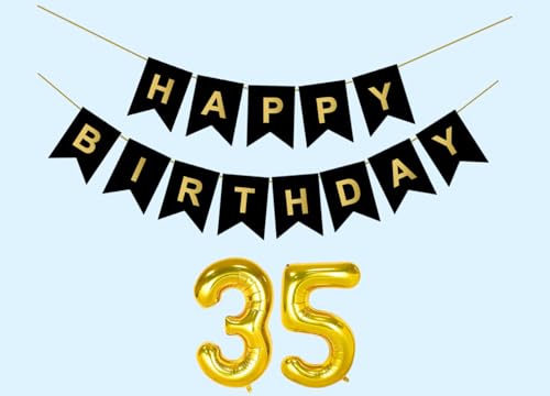 Image of 35th Happy Birthday Decoration Kit Black for 35 year Old Boys Girls Men Women with Number Thirty-five Party Decorations Decor Celebration Items Item Set Combo Reusable Paper Banner