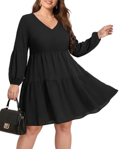 Pinup Fashion Tunic Dress Women Plus Size Black Long Sleeve Babydoll Shift V Neck Cute Casual Fall Loose Flowy Swing Ruffle Dresses