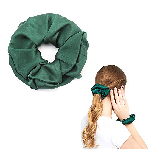 100% Mulberry Silk Scrunchie Large for Women Girls Hair Care，Gentle Ponytail Holder No Hurt Hair Tie by JIAHANG (darkgreen)