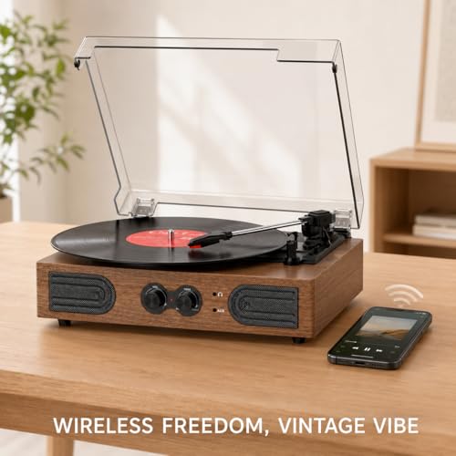 Image of Vinyl Record Player with Built-in Stereo Speakers Vintage 3-Speed Belt-Driven Turntable with Bass /Treble Control, Headphone Jack, RCA & AUX Outputs, Walnut