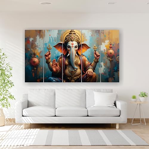 Image of RAVLEX Ganesha Wall Painting for Living Room, Wooden Framed UV Printed Wall Art for Bedroom, Office, Hotel and Drawing Room, 5 Panel Decorative Painting, 24 x 48 Inch