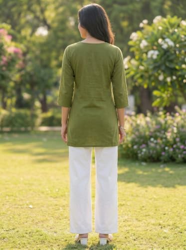 Image of Cotton Blend Embroidered Straight Kurta for Women | Cotton Blend | 3 /4 Sleeve | Round Neck V-Slit | Ethnic Wear Casual Wear