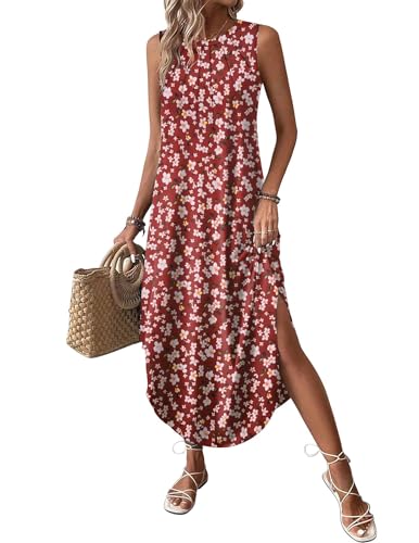 Image of Zeagoo Women Floral Summer Casual Beach Printed Tank Dress with Pockets Pleated Front Long Dress