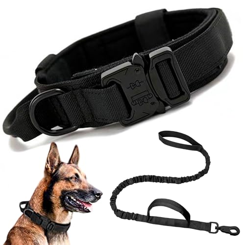 PIXCOOL | Juego de Correa y Collar para Perro con Hebilla de Metal táctica Duradera, Correa Ajustable para Collar para Mascota, Correa para Perro Mediana y Grande (+ Correa L, Negro)
