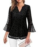 Womens Dressy Date Night Tops 3/4 Sleeve Business Casual Summer Blouses Printed Hide Tummy Flattering Cute Outfits Loose Fit Interview V Neck Chiffon Attire Floral Black 2XL