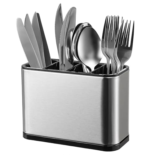MOMENT Metal Cutlery Holder Racks Spoon Stand Kitchen Utensil Crock Storage Organizer 4 Divider Stainless Steel Anti Slip Water Draining for Cooking Tool Knife Spoon Fork 7x5x3.4 Inch