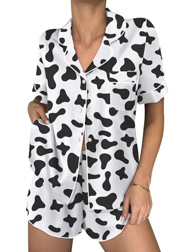 Ekouaer Satin Silk Pajamas for Women Set Short Sleeve Button Down Satin Pjs Split Shorts Set Soft Sleepwear 2 Piece Loungewear Cow Print Medium