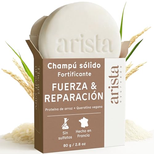 Arista Champu Solido con Agua de Arroz para un Cabello Sano, Champu Reparador Pelo Dañado, Ayuda a que el Pelo Quebradizo Se Vea Más Fuerte, Sin Parabenos, Sin Sulfatos y Vegano (80 g)