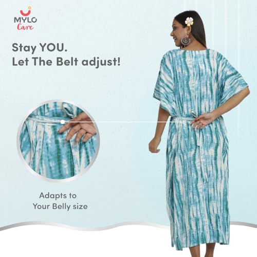 Image of Maternity Dress for Women with Breastfeeding Zippers | Kaftan Dress | Adjustable Belt for Growing Belly | Feeding Dress for Pre & Post Pregnancy