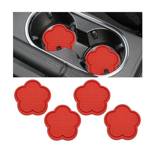 TNAIYH 4PCS Car Cup Holder Coaster, Cute Flower Shaped PVC Anti-Slip Vehicle Water Bottle Holder Mat, Blossom Auto Insert Drink Pad for Women Girls, Universal for Most Vehicle (Red)