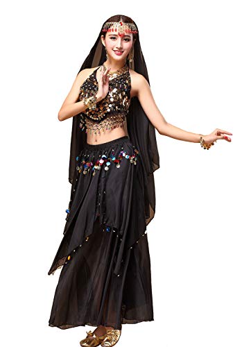 ORIDOOR Women Belly Dance Dress Set Crop Top Padded Bra Top Sparkling Belly Dance Chiffon Skirts with Coins 5-piece Outfit - Image 3