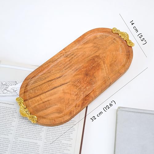 Image of BEHOMA Mango Wood Oval Serving Platter, Brass Motif, 32cm | Mango wood oval platter with brass motif, 32cm; festive serveware for Durga Puja & Navratri decor.