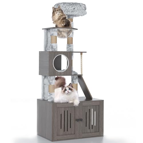 Cat Tree with Litter Box Enclosure, Hidden Washroom Litter Box Tree with Sisal Scratching Post and Soft Plush Perch, Wooden Cat Furniture with Multiple Platforms, Grey