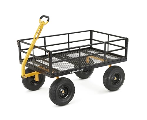 Gorilla Carts 1,500 lb Steel Utility Garden Cart, Heavy Duty 4-Wheel Yard Cart with Convertible 2-in-1 Handle & Removable Sides, 12 cu ft, Black/Yellow