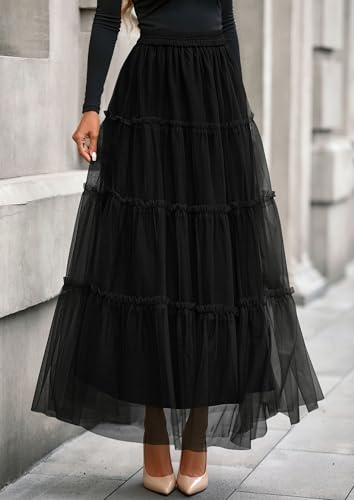 PRETTYGARDEN Tulle Skirts for Women 2025 Fall Fashion Elastic High Waisted Tiered Flowy A-Line Casual Maxi Long Skirt2