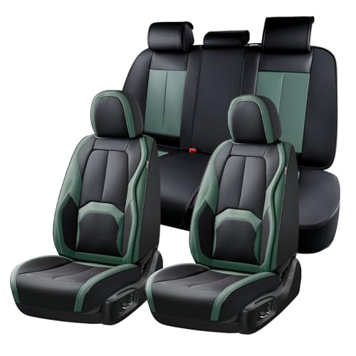 Image of Coverado Car Seat Covers Full Set, Green Car Seat Cover, Car Leather Seat Protector with Lumbar Support, Waterproof Car Seat Cushion, Leather Seat Covers Universal Fit Most Cars, (Black&Green)