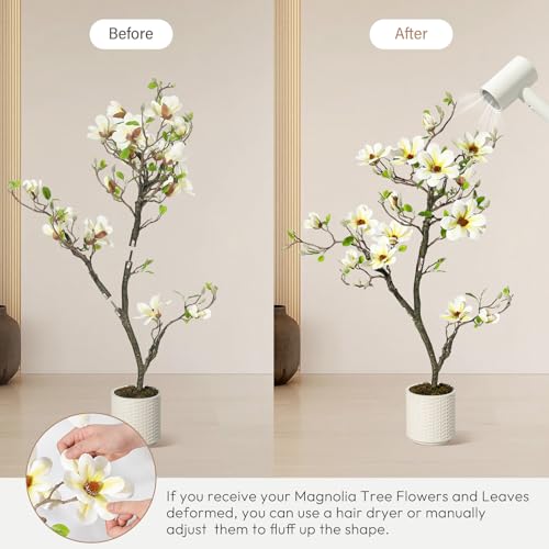 4FT Faux Magnolia Plants Artificial Flower Trees Fake Plants for Yard Patio Home Office Arrangement Decor Indoor Outdoor Artificial Magnolia Tree Inc. 66 Realisc Flowers Vivid Leaves Mosses White Pot