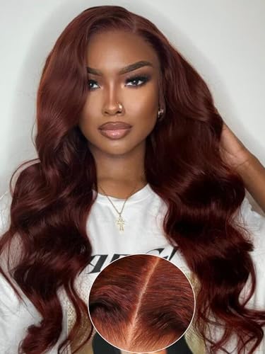 Image of KLAIYI Bye Bye Knots Glueless Wig Reddish Brown Body Wave 7x5 Pre Cut HD Lace Front Wigs Human Hair Put On And Go Wig Pre Bleached Pre Plucked with Baby Hair 30S Ready To Wear 150% Density Full 16Inch