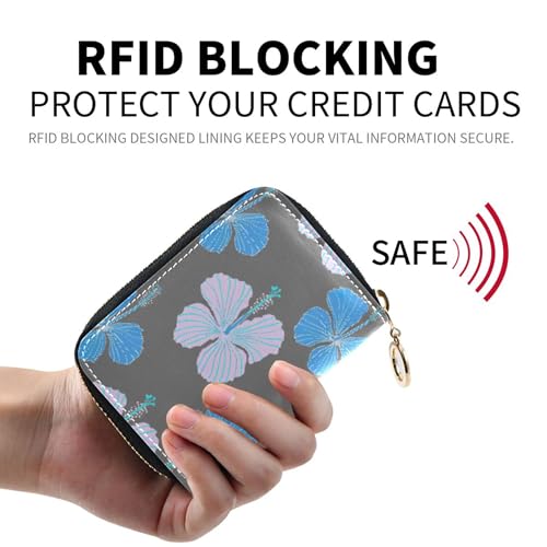 Ladies Womens Wallets Zip Around RFID Blocking Credit Card Holder Blue Hibiscus Flowers Gray Zipper Wallet with Coin Pouch2