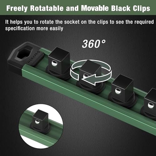 Image of WORKPRO Magnetic Socket Organizer, Heavy Duty 3 /8-Inch Drive Socket Rail | Aluminum Alloy, 10 Pieces Clips, Rotatable & Movable Clips, Efficient Organization
