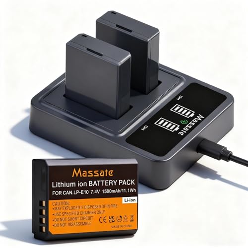 Massate Lot de 3 batteries LP-E10 1500 mAh + chargeur rapide LED PD20W – Charge 2,5 H, LP E10 pour Canon EOS Rebel T3/T5/T6/T7/T100, Kiss X50 X70 X80 X90,...