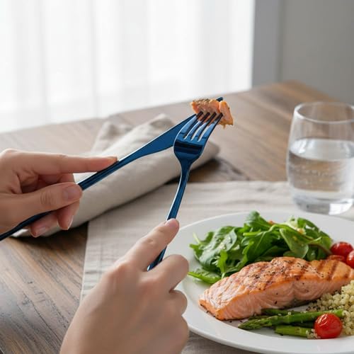 Image of 8 Pcs Blue Slim Handle Stainless Steel Cutlery Set for Dining Table with Spoons and Forks Set + Butterknives - The Perfect Tableware /Flatware