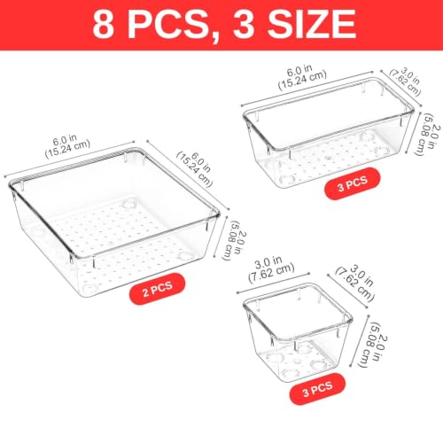 Image of Aliensware 8Pcs Transparent Drawer Organizer,Clear Plastic Dividers Trays,Versatile Bathroom And Vanity Organiser,Storage Bins For Makeup Cosmetics,Jewellery,Kitchen,Bathroom,25X10X10 Cm