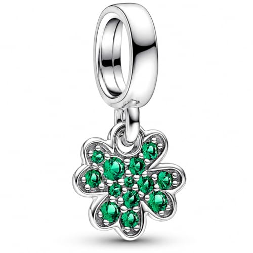 MariaFonte Kleiner grüner vierblättriger Kleeblatt-Anhänger kompatibel mit allen Perlenmarken mit grünem Zirkonia Original-Anhänger aus Silber für Damen