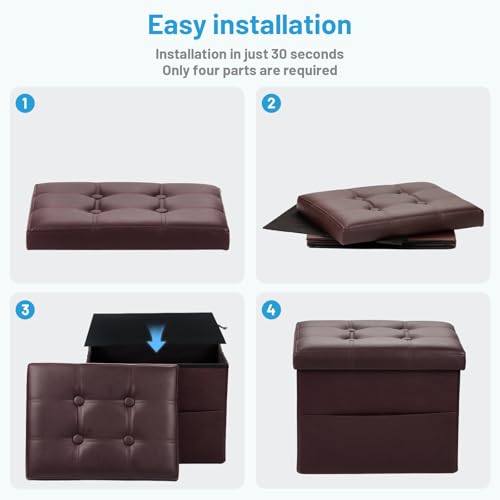 Image of Bsketa Storage Ottoman Bench,17 Inch Folding Leather Foot Rest Stool, Brown | Small Ottoman with Side Pockets, Thicker Foam Padded Seat, Livingroom, Dorm, Bedroom, Easy to install, 43L,17x13x13in