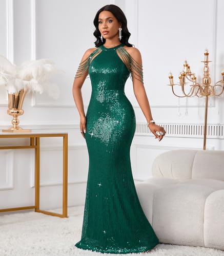 Image of Cololura Women Sexy Elegant Sequin Tassel Off Shoulder Halter Bodycon Maxi Dress Party Evening Gown Formal Dress