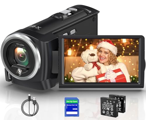 Gcasio 2.7K Video Camera Camcorder QHD 56MP YouTube Vlogging Camera Webcam 16X Digital Zoom with 32G SD Card 270 Degree Rotation Screen Camcorders and 2 Batteries Recording While Charging