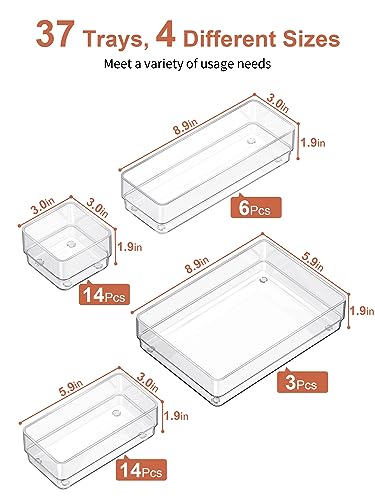 Image of SMARTAKE 37-Piece Drawer Organizer with Non-Slip Silicone Pads, 4-Size Desk Drawer Organizer Trays Storage Tray for Makeup, Jewelries, Utensils in Bedroom Dresser, Office and Kitchen (Clear)
