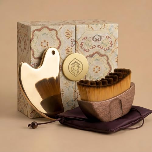 Lymphatic Contour Facial Brush Set with Gold Stainless Steel Gua Sha
