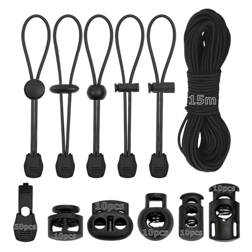 15M Cuerda Elástica 3mm, Cordón Elástico de Goma Redonda con 50 Topes de Cordón 50 Abrazadera de Cordón, Negro Cuerda Expansora para Mochila, Cordón, Ropa, Zapatos, Tendederos y Tiendas de Campaña.