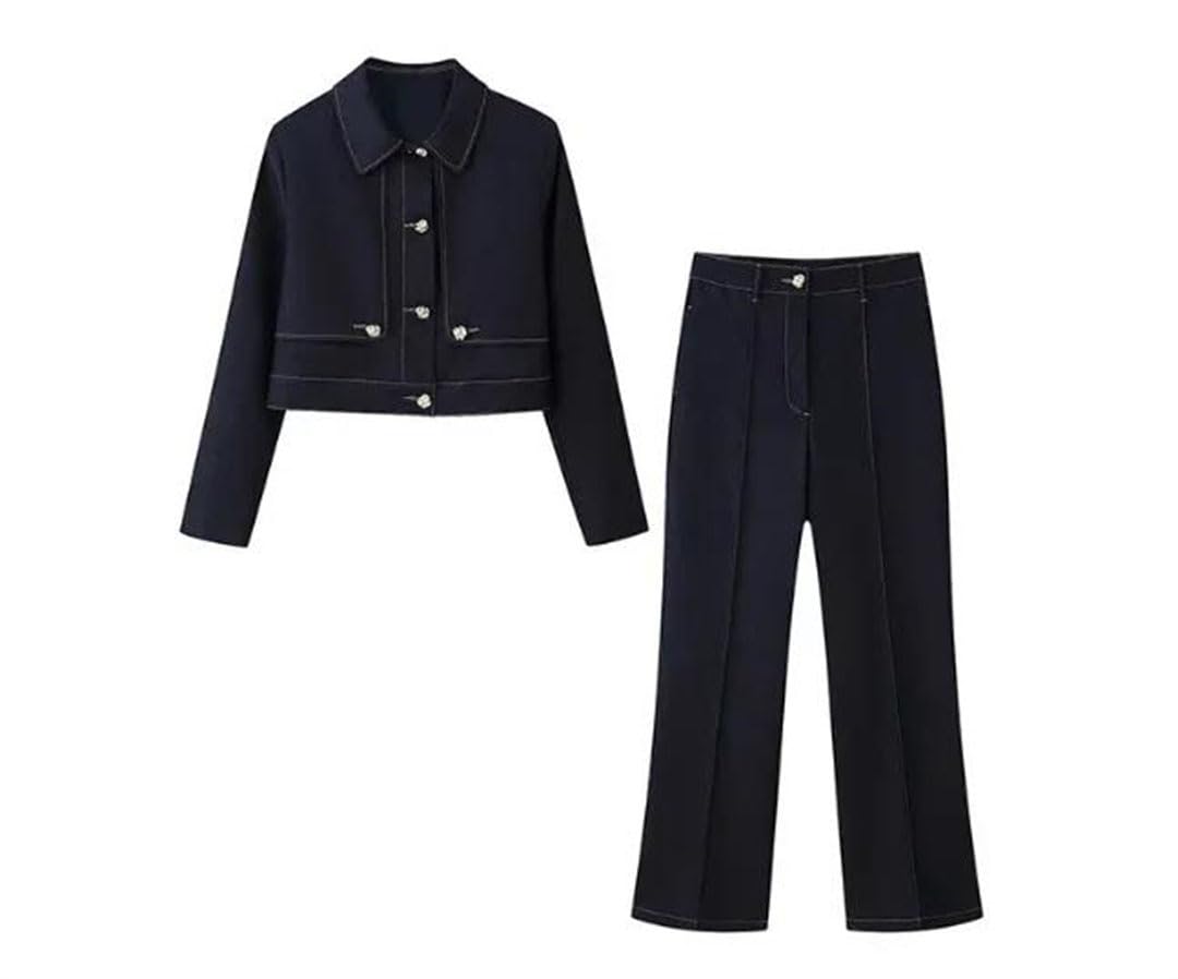 Women Two Piece Pant Suit Single Breasted Long Sleeve Pockets Coat Loose Long Pants Sets