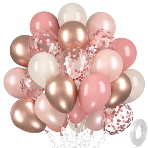 Luftballons Rosegold Retro Rosa, 30 Stück Altrosa Weiss Luftballon Set, Metallic Rosegold Konfetti...