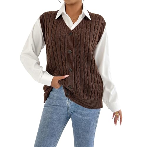 RWGSNB Ärmellose Weste Strick Damen Pullover Weste V Ausschnitt Schick Gedrehte Streifen Zopfmuster Ärmellos Strickjacke Button Down Basic Einfarbig Strickwesten Lässig Herbst Tanktops Braun L