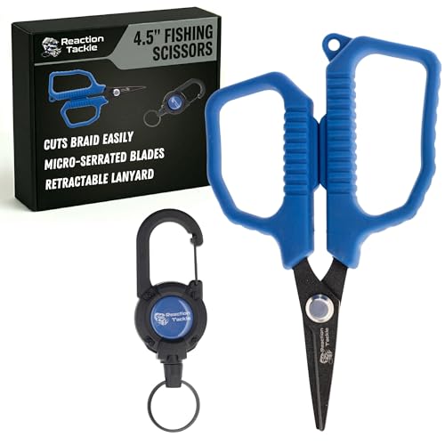 Reaction Tackle Micro Serrated Fishing Scissors with Retractable Lanyard and Carabiner Precision Braid Cutters Non-Slip Grip Corrosion Resistant Stainless Steel for Freshwater and Saltwater