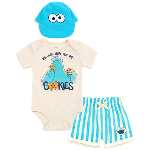 Sesame Street Baby Bodysuit, Shorts and Baseball Cap 3 Piece Outfit Set Newborn to Infant Sizes (Newborn - 24 Months)
