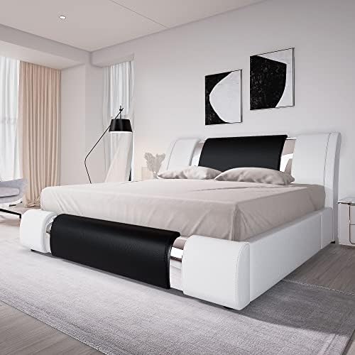 Allewie King Size Bed Frame with Iron Piece Decor, Faux Leather Upholstered Platform Bed with Adjustable Headboard & Strong Wooden Slats, No Box Spring Needed, White and Black