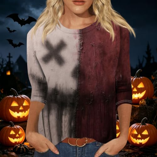 Image of Women Spooky Halloween Graphic Shirt 3 /4 Length Sleeve Crewneck Top | Halloween Funny Printed Pumpkin Plus Size Tshirts 2026 Fall Outfits Skeleton Tee Going Out Tops