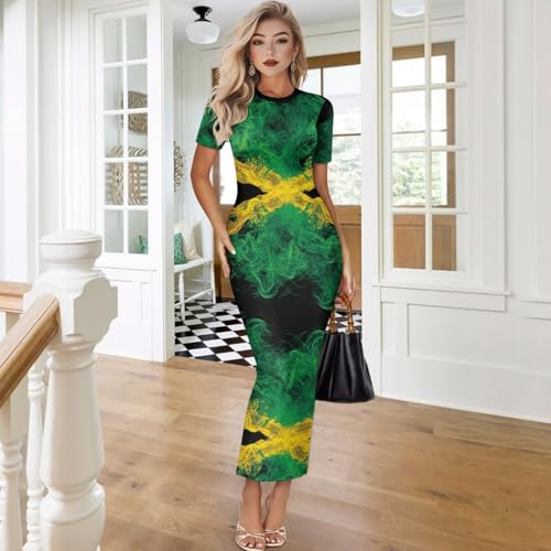 Image of Womens Short Sleeve Jamaican Flag Midi Bodycon Dress | Soft stretchy fabric,crew neck,jamaican print casual date night cocktail party, elegant chic, spring summer fall all season